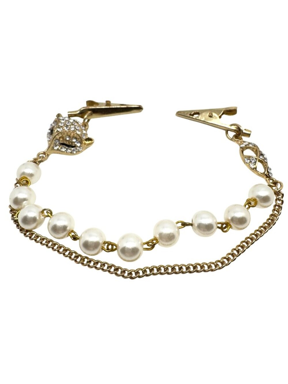 1950s Vtg Gold Tone Sweater Clip  Faux Pearls Rhinestone Fox Accent Chains 8.25"